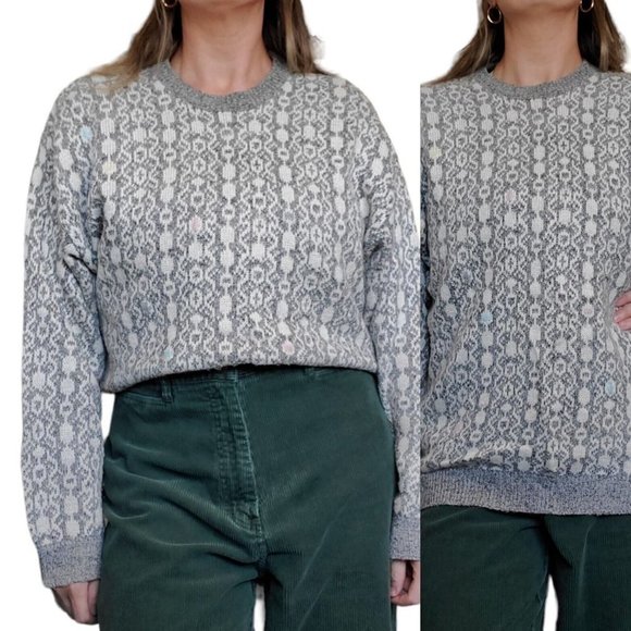 Vintage 80s 90s Gray‎ Geometric Crewneck Sweater Oversized Medium - Picture 1 of 11